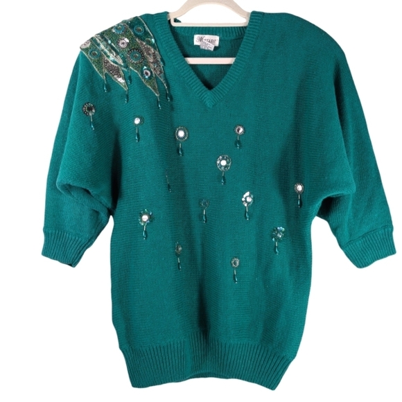 Vintage Marina Embellished Green Beaded Sweater 80s Glam Statement L - Picture 10 of 15
